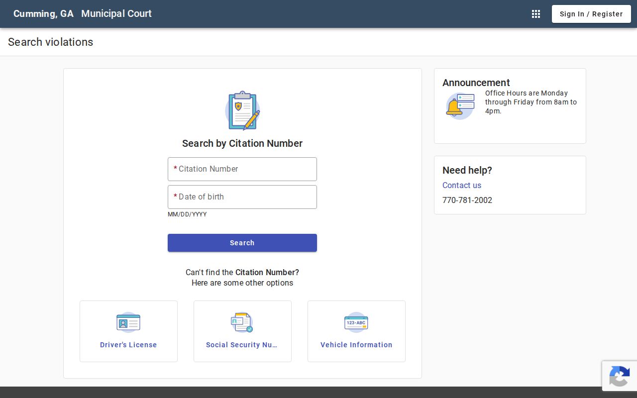 Cumming criminal records citation search at Municipal Court